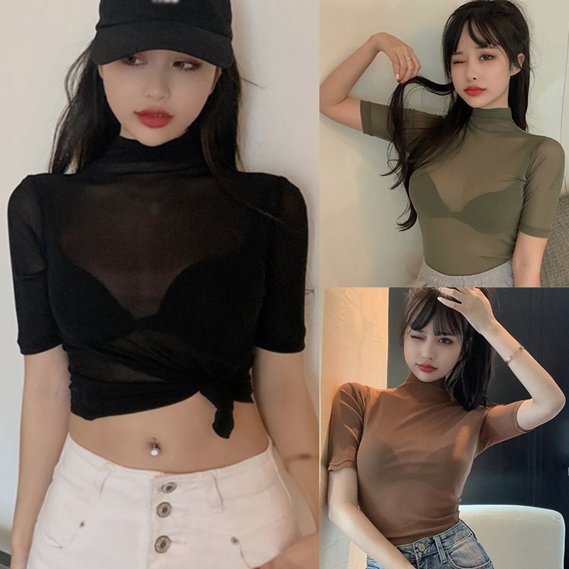 Áo lưới xuyên thấu tay ngắn phong cách Hàn Quốc thời trang quyến rũ dành cho nữ