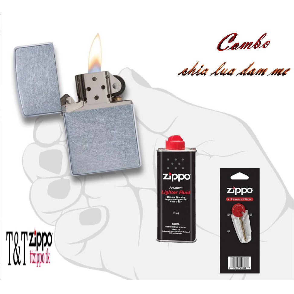 [Combo] Combo chia lửa đam mê : Zippo street chrome + xăng + đá (new full box chính hãng)