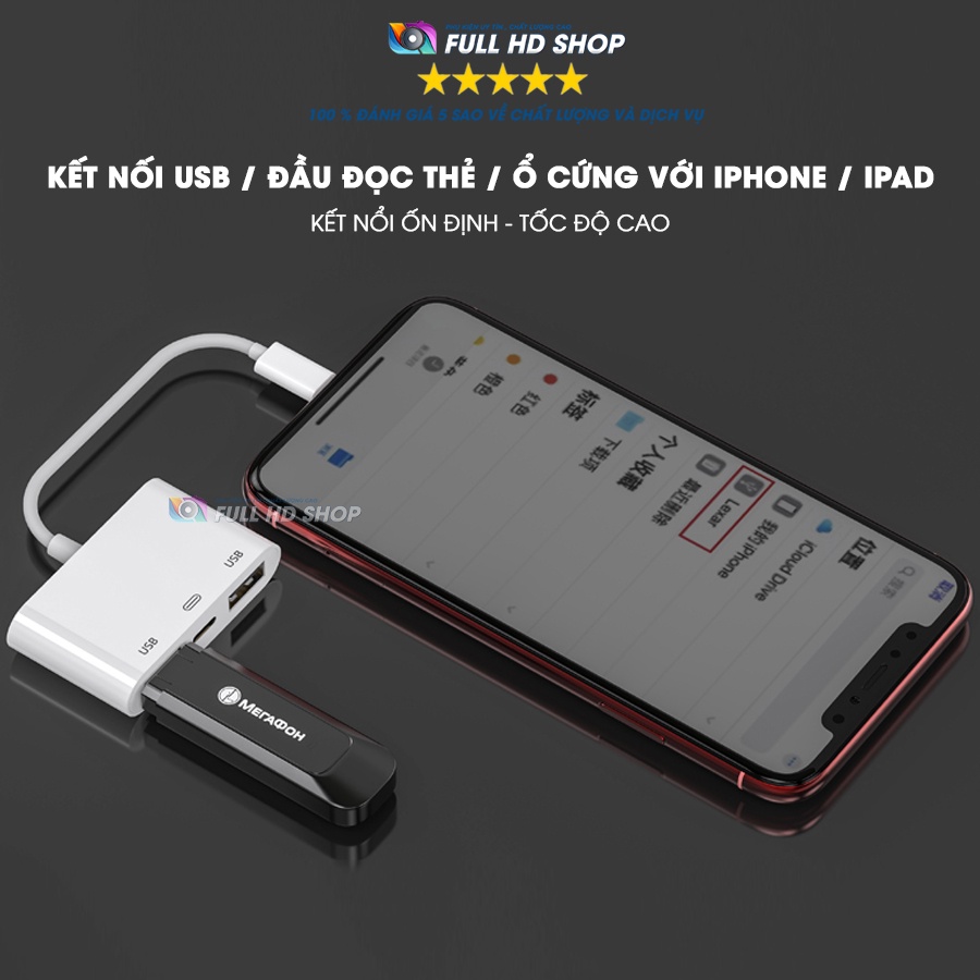 Bộ chuyển đổi lightning sang usb - Otg lightning chia cổng USB cho iphone ipad tích hợp cổng sạc - Full HD Shop