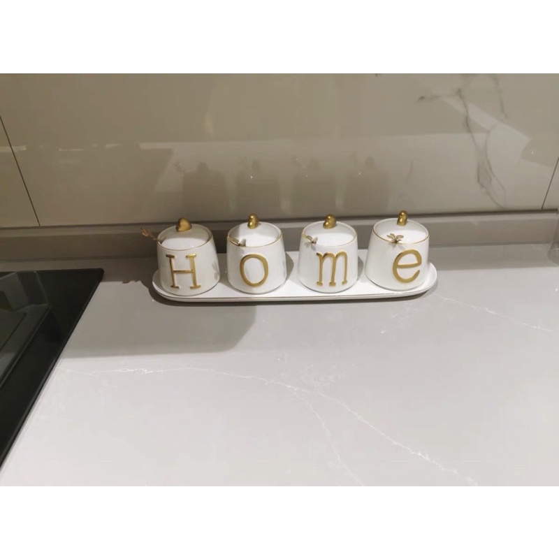 Bộ gia vị gốm sứ vân nổi hình hươu , chữ home