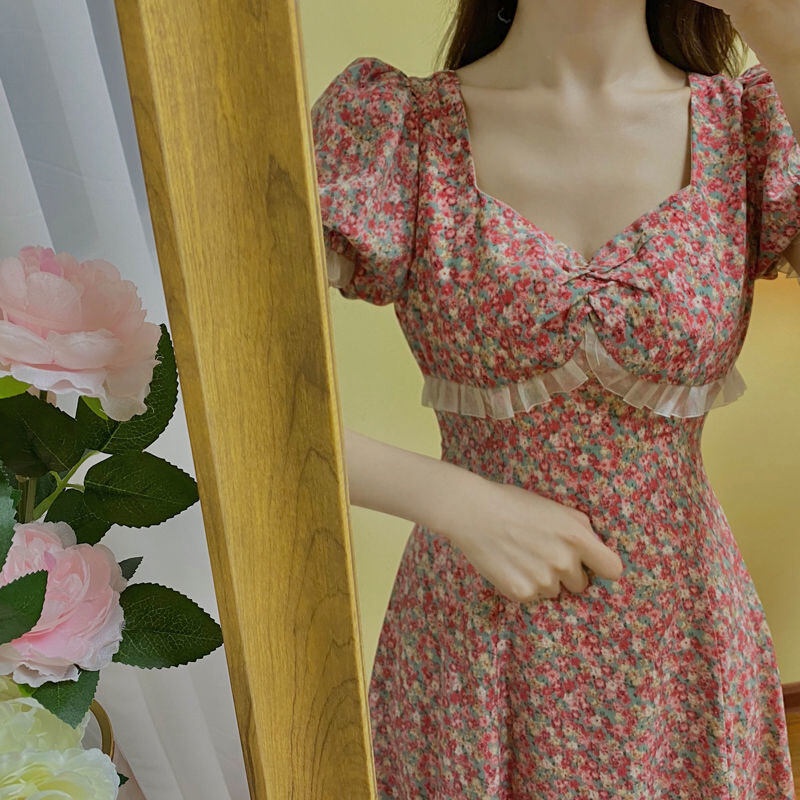 Đầm YEYA họa tiết hoa cổ vuông tay phồng phối ren phong cách Hàn Quốc xinh xắn cho nữ