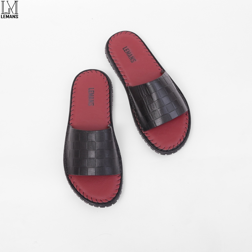 Dép Da Bò Quai Ngang Khâu đế Đen Nâu Đỏ Cao Cấp chống nước chính hãng LeMans Slides Sandal