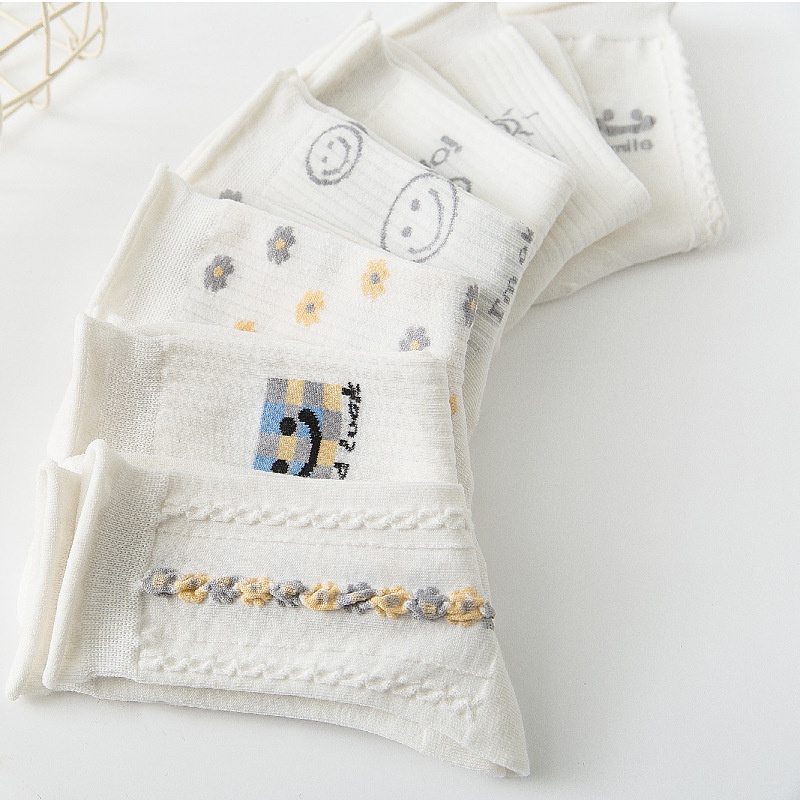 Set 5 Tất nữ cổ cao vải cotton thêu hình họa tiết phong cách Hàn Quốc