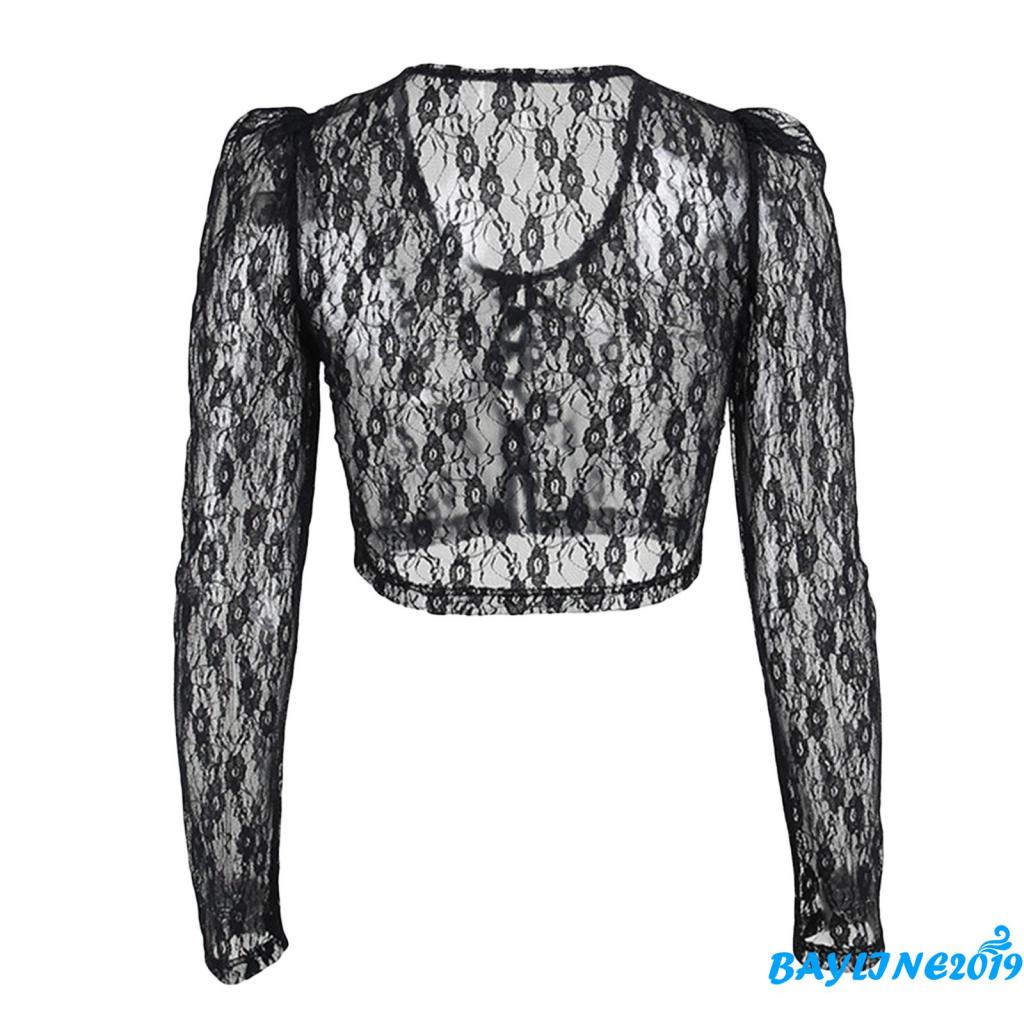 Áo croptop tay dài cổ chữ v phối ren quyến rũ thời trang cho nữ