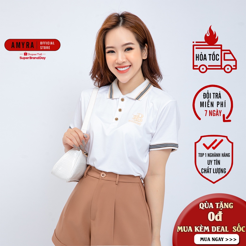 Áo thun có cổ nữ AMYRA, phông trơn cotton cao cấp mềm mịn phối viền tay ngắn thêu chữ kiểu thể thao công sở AT17