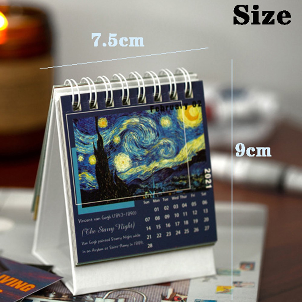 LLOYD Portable Oil Painting Coil Calendar 16 Design Desktop Decoration 2021 Desktop Calendar Timetable Mini School Office home Yearly Agenda Dates Reminder Organizer Office Supplies Daily Schedule