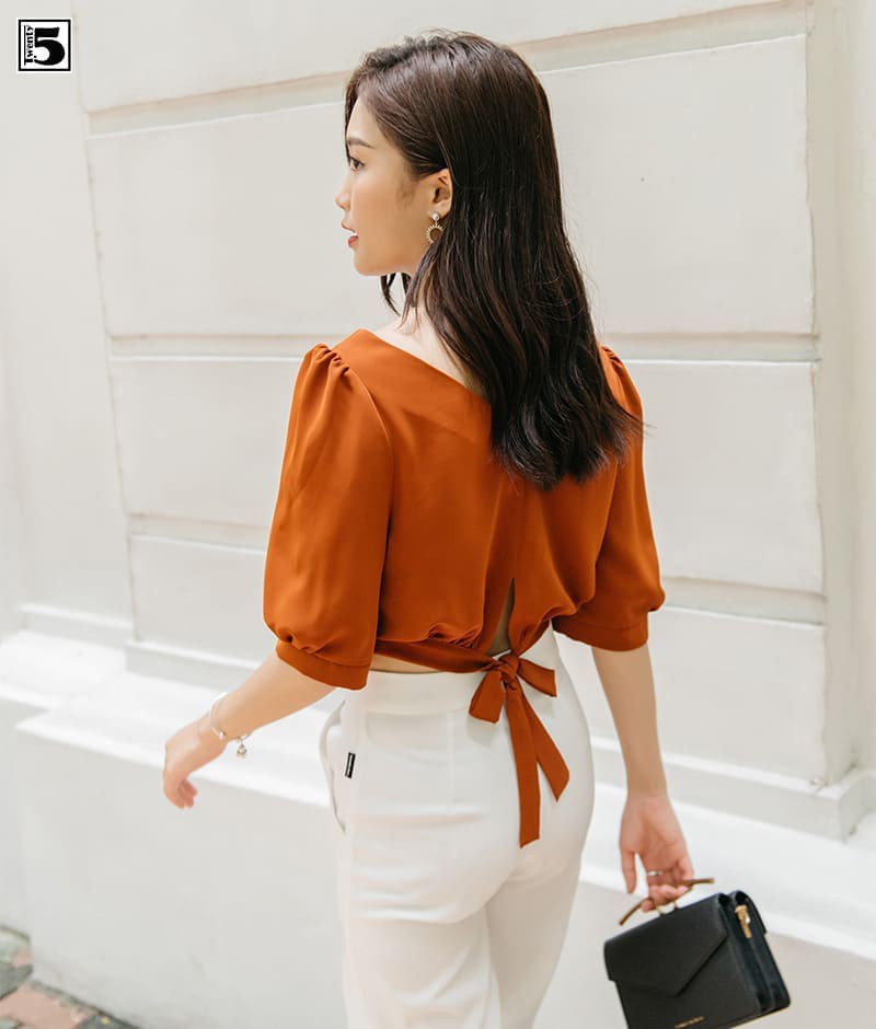 Áo sơ mi kiểu nữ cổ tim croptop dây thắt eo lưng Twentyfive N171