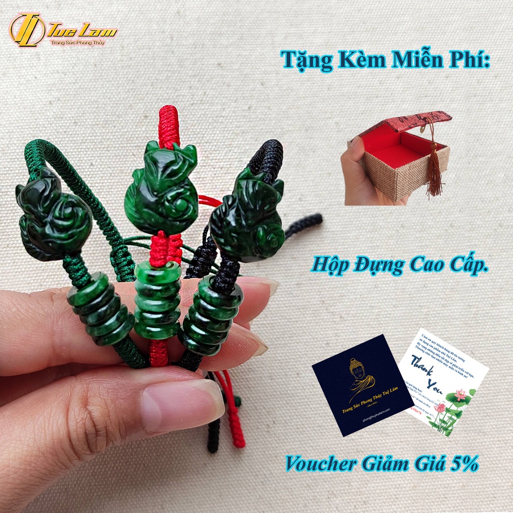 Vòng tay dây chỉ bện mặt hồ ly chúa mix ngũ điếu tài lộc sơn thủy xanh lá hợp mệnh - Tuệ Lâm