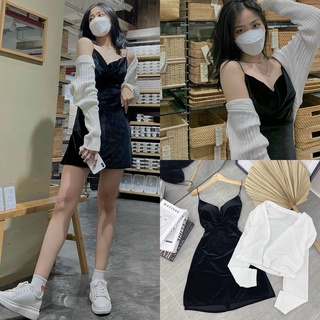 Set đầm nhung hai dây kèm khoác