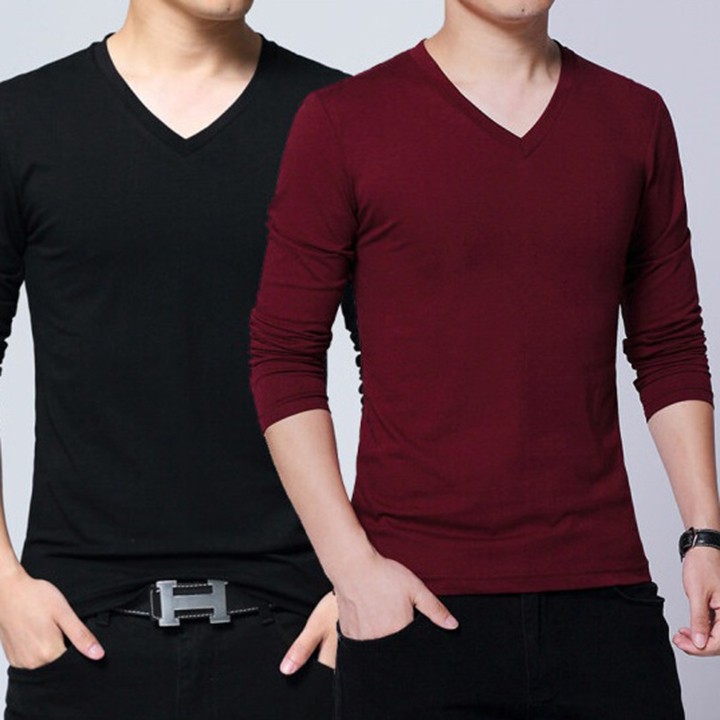 Combo 2 mẫu áo dài tay cổ tim đen đỏ