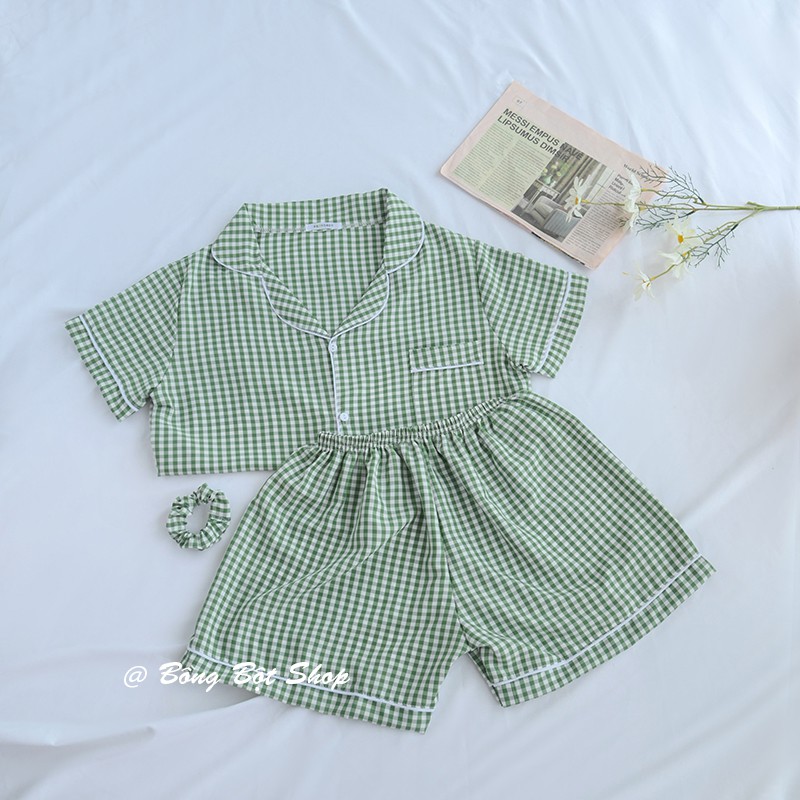 BỘ ĐỒ NGỦ MẶC NHÀ THÔ KẺ CARO HOT TREND 2021 (TẶNG KÈM SCRUNCHIES)