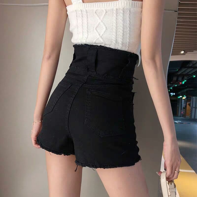 ✹Quần của bố dành cho người nổi tiếng trên mạng 2020 short denim cạp cao màu đen có dây kéo A-line mỏng mùa hè t