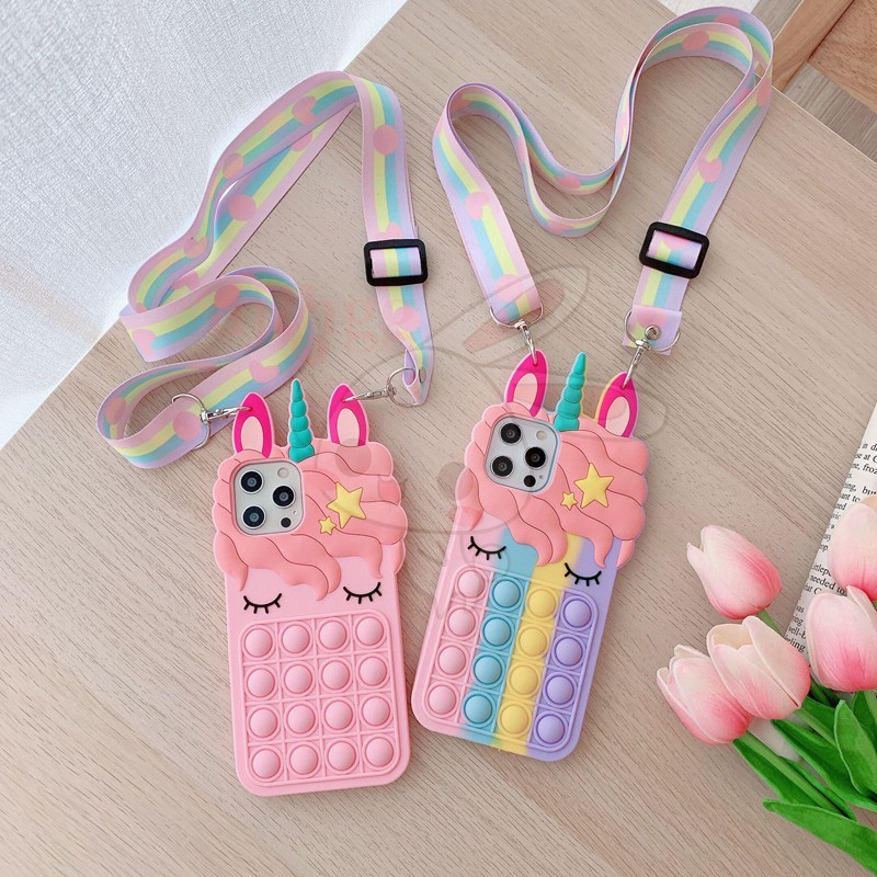 Ốp điện thoại silicon mềm kiểu nhấn bong bóng tích hợp dây đeo cho IPHONE 11 12 PRO MAX 5 6SP 7 8 PLUS X XS XR XS MAX