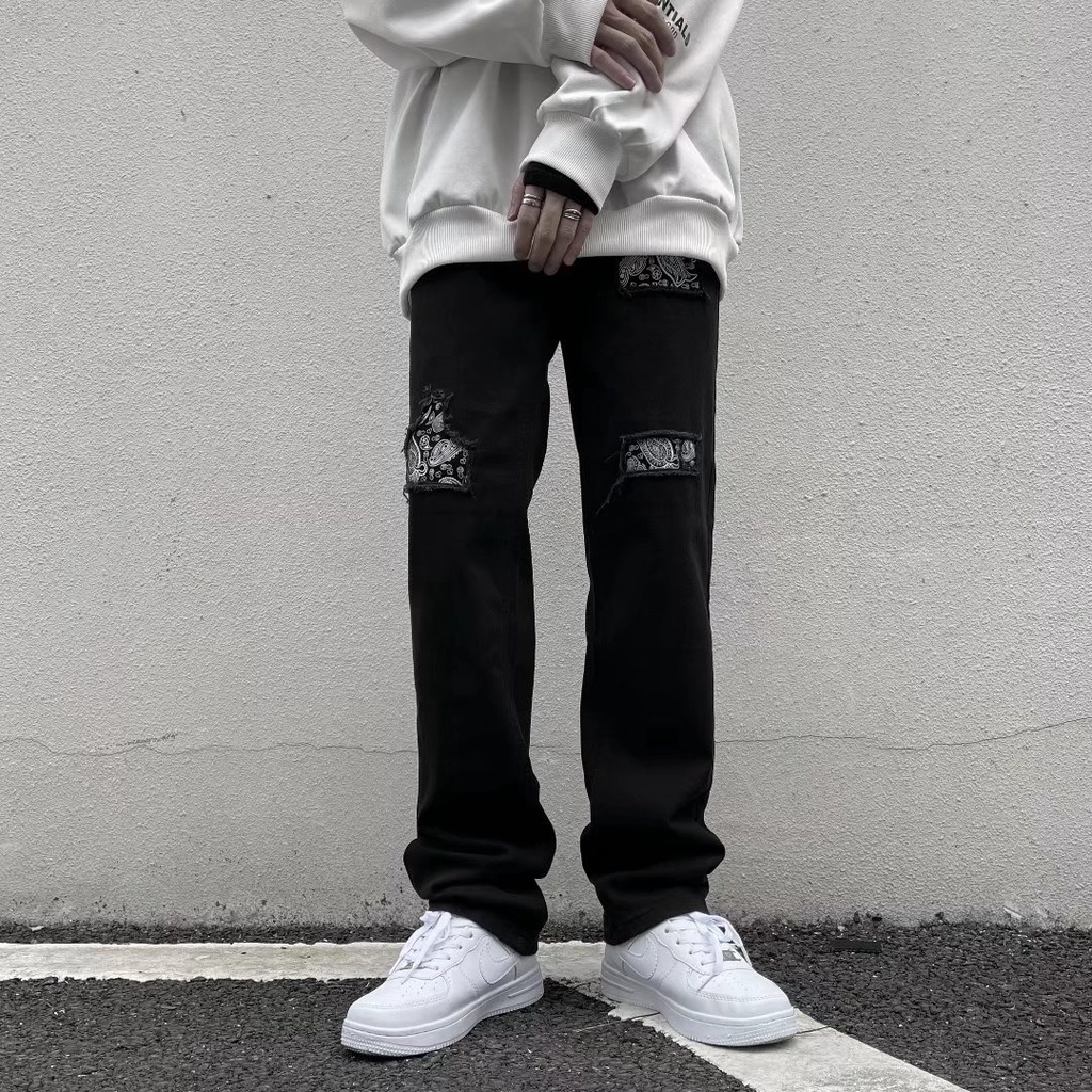 quần jean nam đen rách gối In ấn quần bò nam Retro trung bình và cao eo quần bò nam rách gối