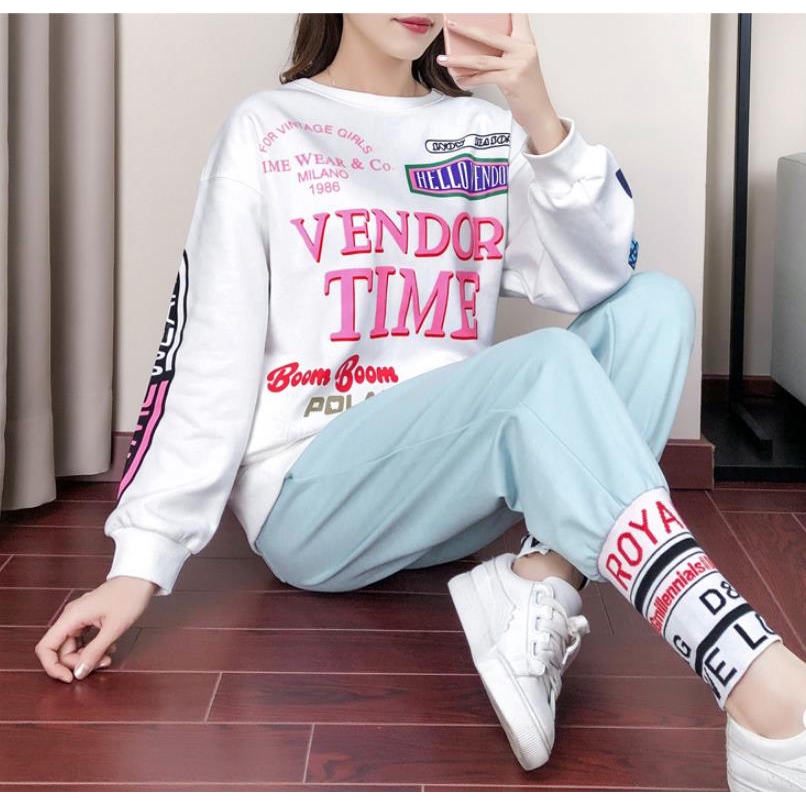 Set Áo Nỉ Dài Tay + Quần Dài Thể Thao Phong Cách Hip Hop Năng Động Có Size S-2xl