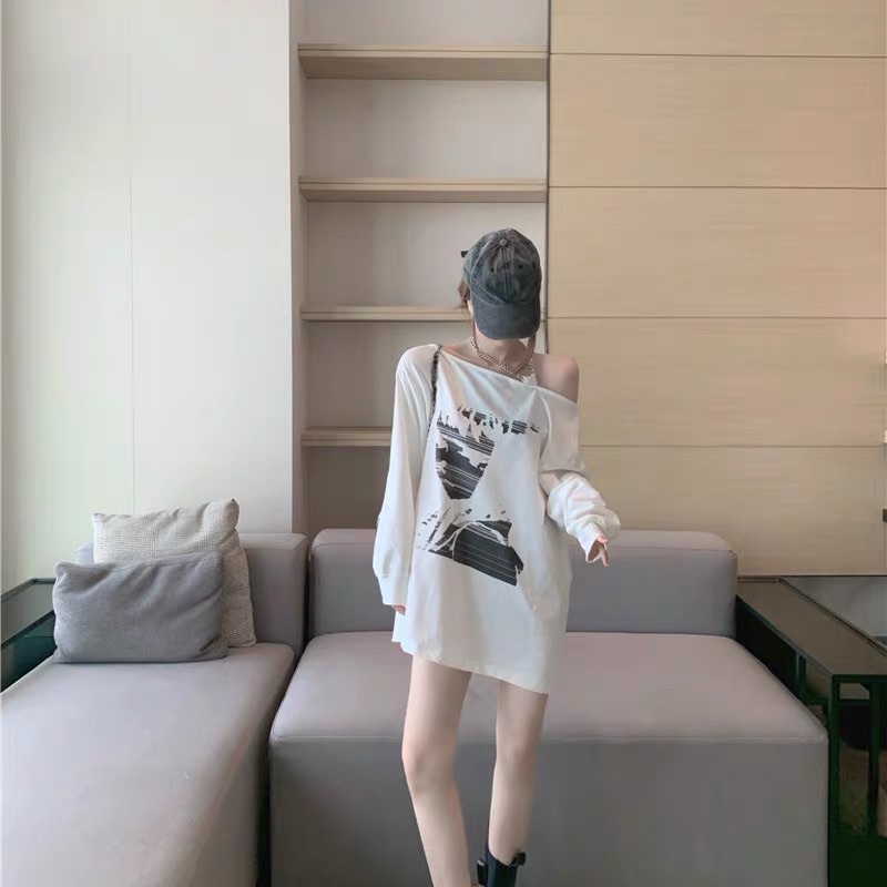 Áo thun tay dài form rộng Lệch vai, Áo phông tay dài Trơn Basic màu trắng phong cách Hàn Quốc kèm ảnh thật