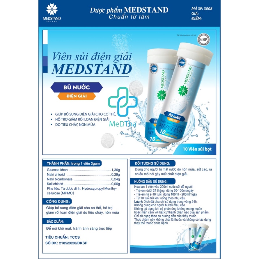 Viên Sủi Điện Giải Medstand - Oresol, bù nước và chất điện giải, dùng sau khi chơi thể thao, bị sốt, mất nước (10 viên)