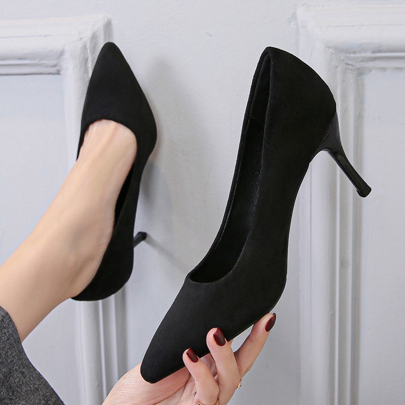 Giày Cao Gót 5-7 - 9cm Mũi Nhọn Màu Đen Thời Trang Công Sở Thanh Lịch Cho Nữ