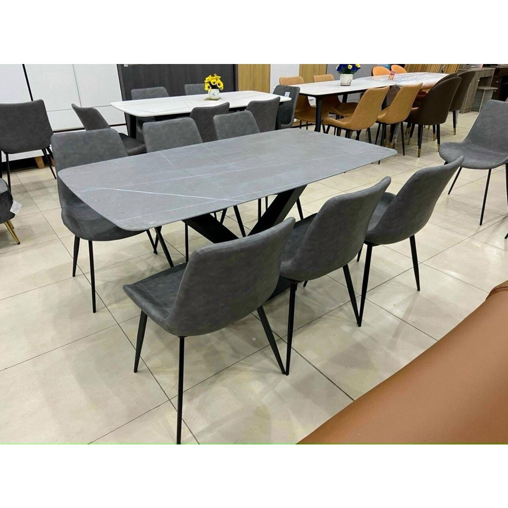 Bộ bàn ăn chân chân thép sơn tĩnh điện mặt đá Ceramic chân X kết hợp ghế loft