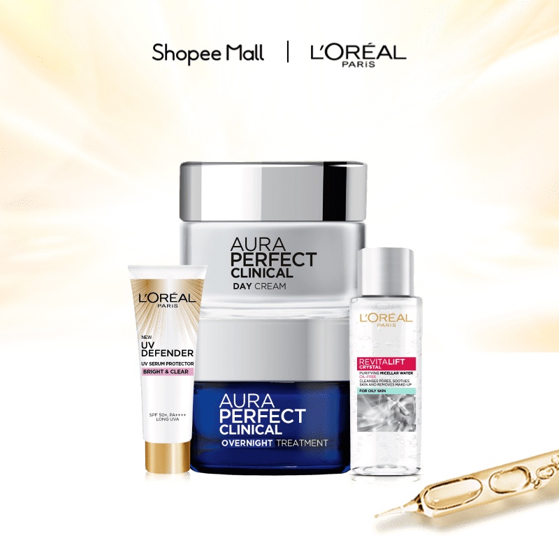 Bộ kem Aura Perfect Clinical 50mlx2 & KCN bảo vệ UV Defender 15ml & Tẩy Trang L'Oreal Paris