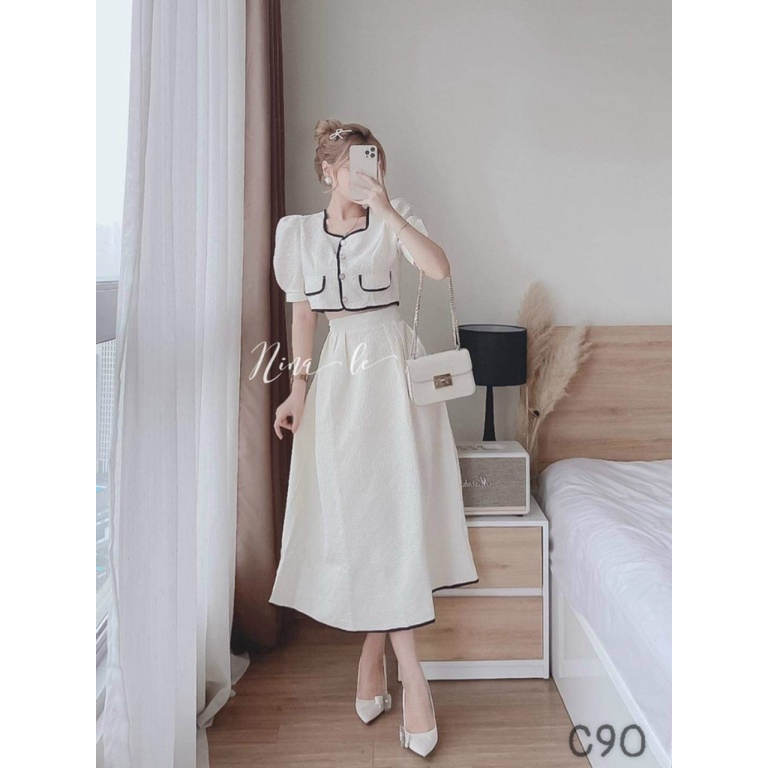 (Free Ship) SÉT VÁY XỐP NHẬT Phối Viền Màu Trắng Tinh Khôi Lịch Thiệp Sang Trọng