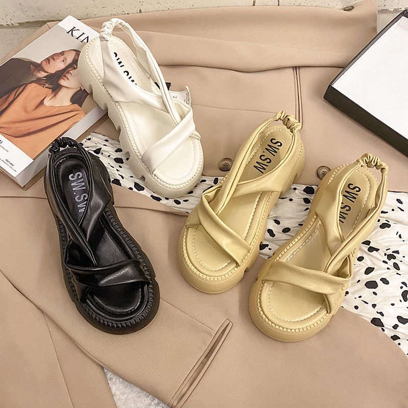 Giày sandal nữ ulzzang, sandal nữ quai chéo da pu đế bánh mì màu đen và trắng thời trang nữ
