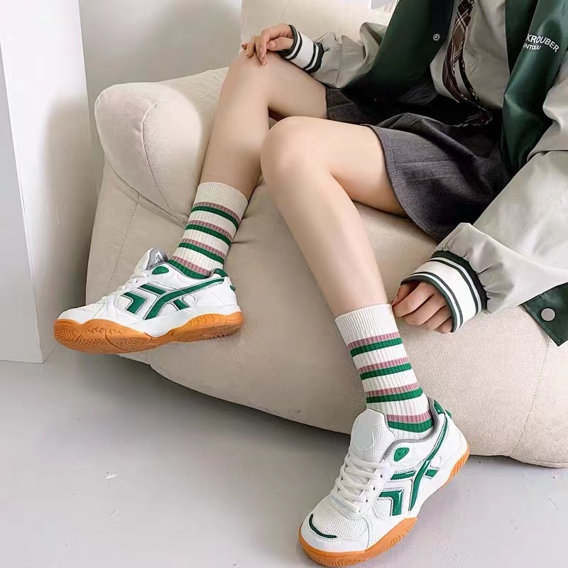 Vớ Cổ Trung Họa Tiết Kẻ Sọc Màu Xanh Lá Phong Cách Hàn Quốc Thời Trang Cho Nữ