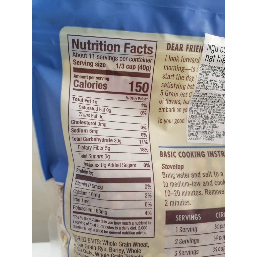 [Túi 454g] [5 LOẠI HẠT] NGŨ CỐC HỖN HỢP [USA] BOB’S RED MILL 5 Grain Hot Cereal (anm-hk)