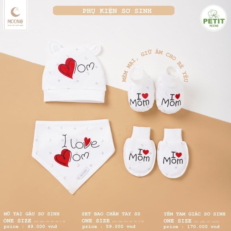 Phụ kiện sơ sinh mũ, yếm, bao tay chân Moon chất petit mềm mịn, xinh xắn cho bé MO25071
