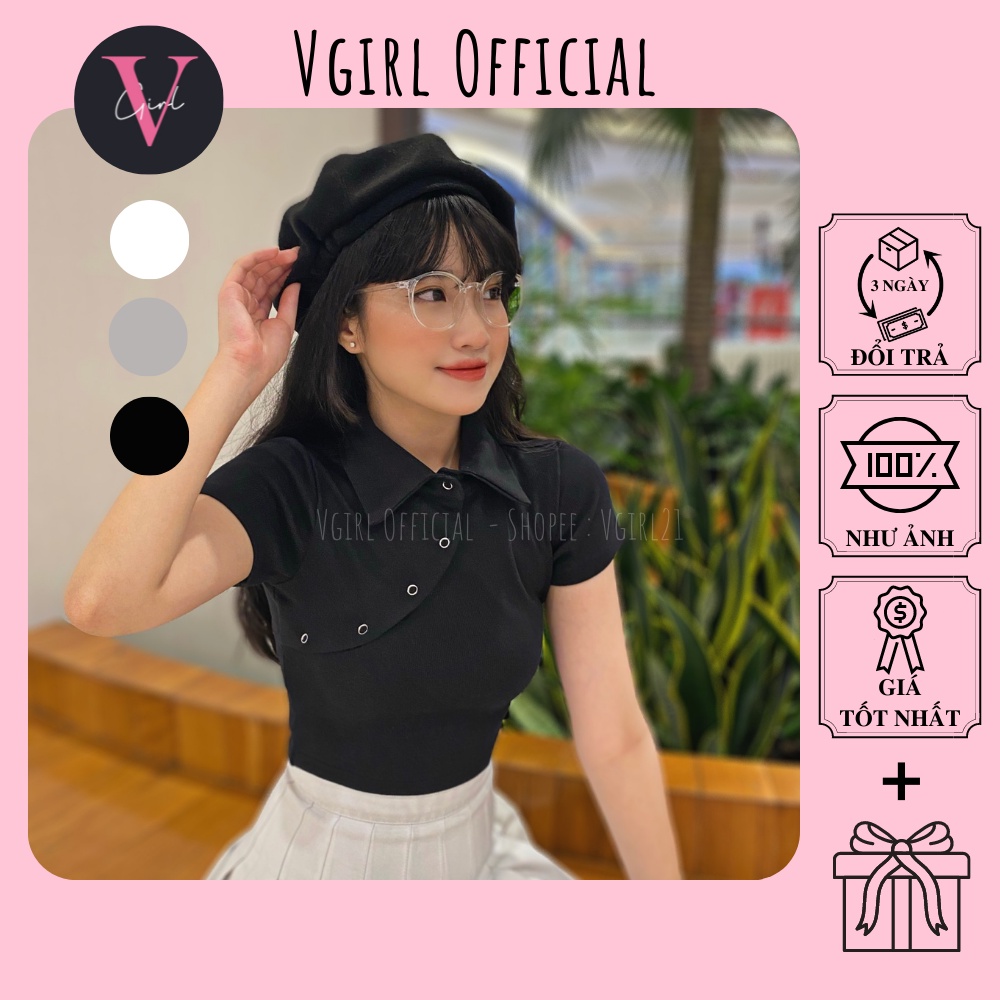 Áo croptop nữ VGIRL cổ polo nút bấm xéo độc lạ [ẢNH ĐỘC QUYỀN] | BigBuy360 - bigbuy360.vn