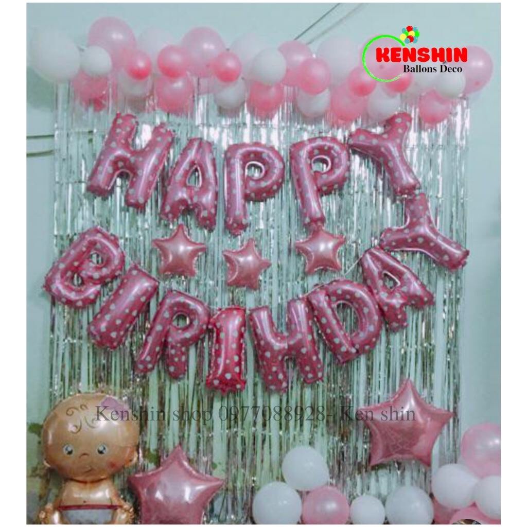 Set Bóng Trang Trí Sinh Nhật Gồm Bóng Chữ Happy Birthday, 2 Rèm Kim Tuyến 50 Bóng Bay cho Bé Trai, Bé Gái KS001