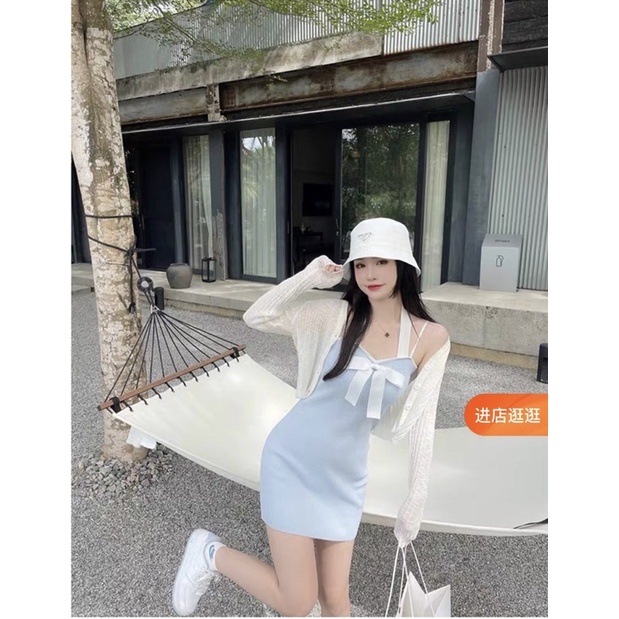 set váy yếm len nơ kèm khoác mỏng (2028#)