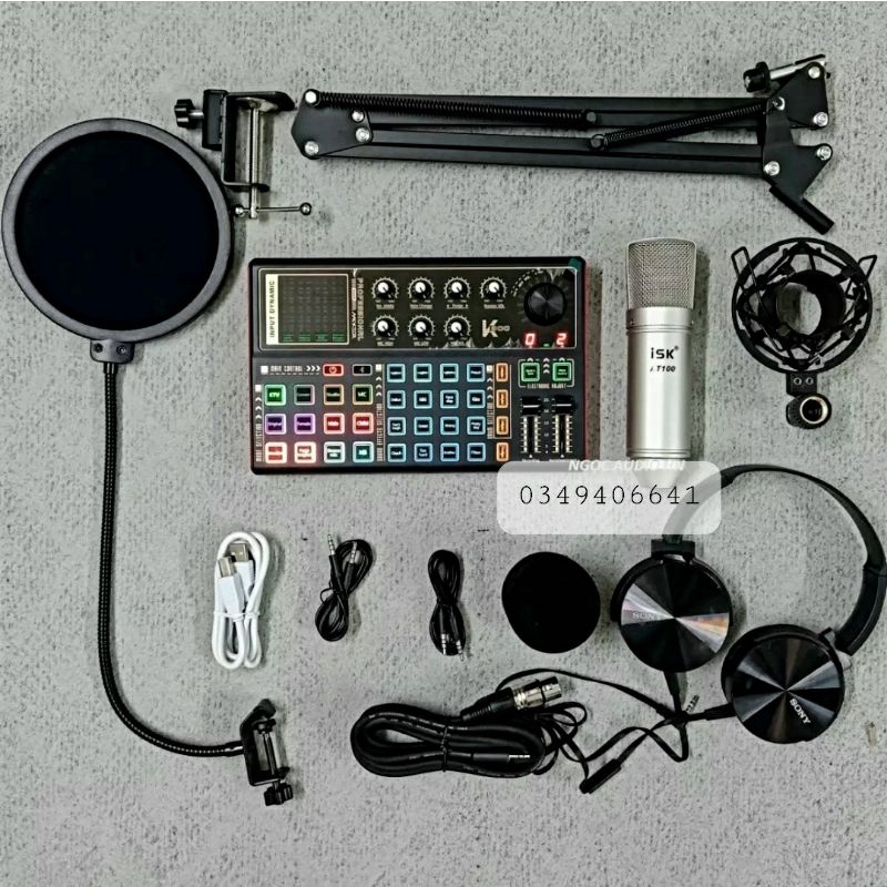 Combo hát livestream mic AT100 chính hãng + sound card k300 + kẹp mic màng lọc (tặng tai nghe)