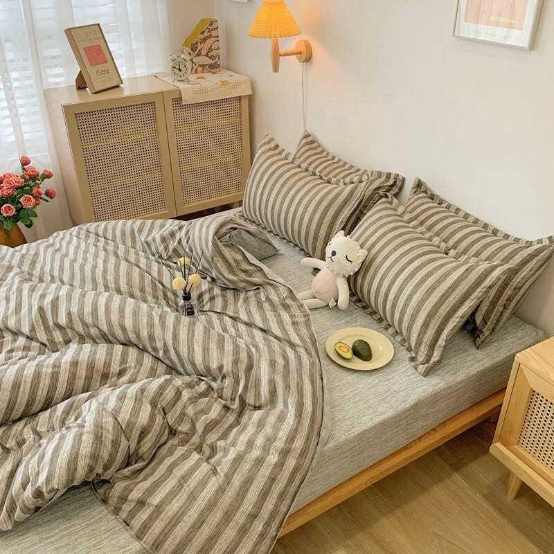 Bộ chăn ga gối Cotton poly Bo Decor Xám sọc vỏ chăn mền drap nệm và 2 vỏ gối