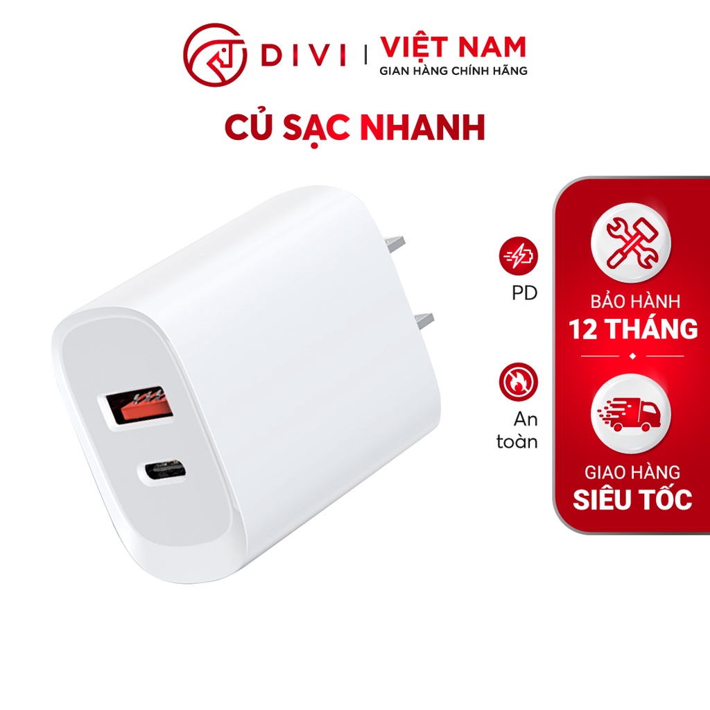 Củ sạc nhanh DIVI QH42 - Sạc nhanh PD - Công suất 20W - 2 Cổng USB - Type C - Hàng chính hãng Bảo hành