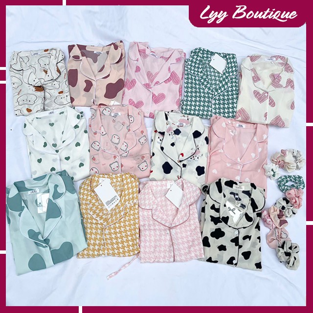 Bộ Đồ Ngủ Set Pijama Nhiều Hình Bò Sữa Chất Lụa Mango Không Nhăn Kèm Scrunchies Freesize Lyy Boutique
