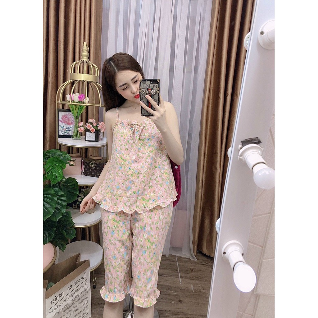 Sét đồ bộ mặc nhà chất lụa satin mềm mịn áo 2 dây, quần lửng họa tiết hoa nhí dễ thương - Shop3nunisex | BigBuy360 - bigbuy360.vn