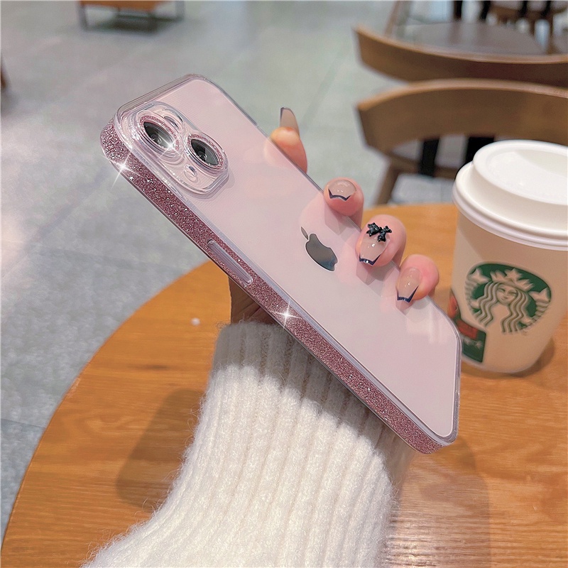 Ốp Điện Thoại Siêu Mỏng Trong Suốt Viền Kim Tuyến Màu Hồng 13pm Cho iphone13 13pro 12promax