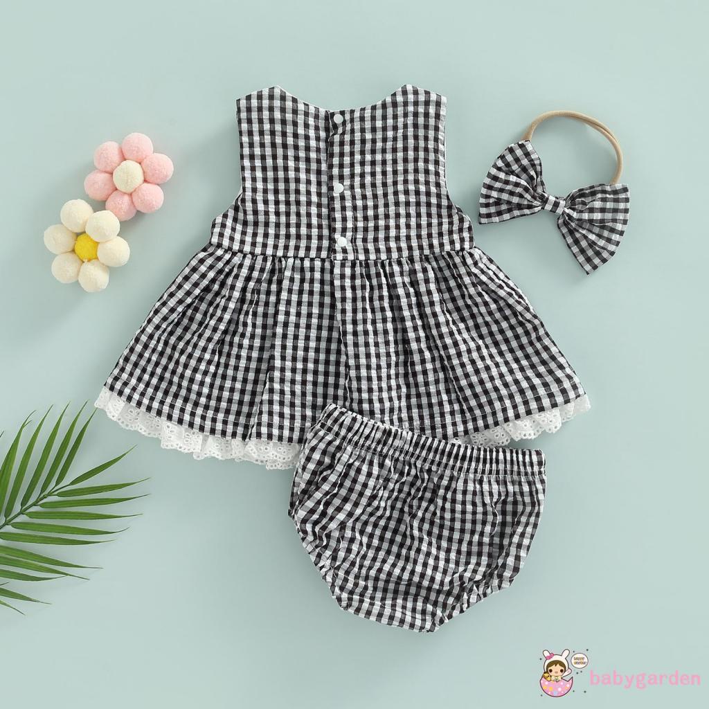 Set Đồ 3 Món Gồm Áo Sát Nách Cổ Tròn Kẻ Sọc Ca Rô + Quần Short Lưng Thun + Băng Đô Dành Cho Bé Gái 0-24 Tháng Tuổi