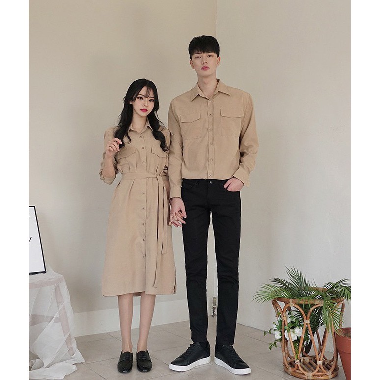 ÁO ĐÔI - Set váy nữ áo sơ mi nam trắng và nâu Hàn Quốc thiết kế cao cấp HQCOUPLE AV192