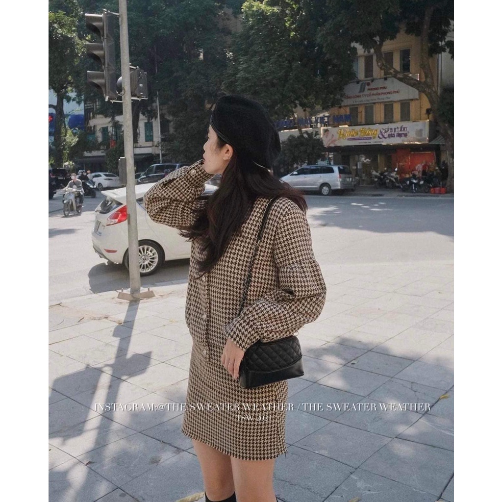 Set Áo Dạ Tweed kèm chân váy mùa đông kiểu dáng Hàn Quốc Tiểu Thư