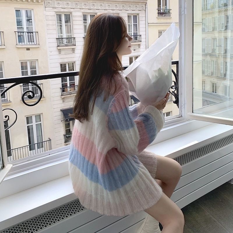 Autumn and winter Korean Rainbow Stripe loose lazy wind sweater Japanese super fairy medium long mohair sweater female
