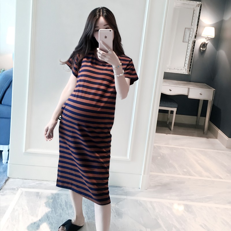 VÁY ĐẦM BẦU THIẾT KẾ DỰ TIỆC CÔNG SỞ MÙA HÈ KẺ NÂU NĂNG ĐỘNG TRẺ TRUNG CHẤT COTTON THOÁNG MÁT