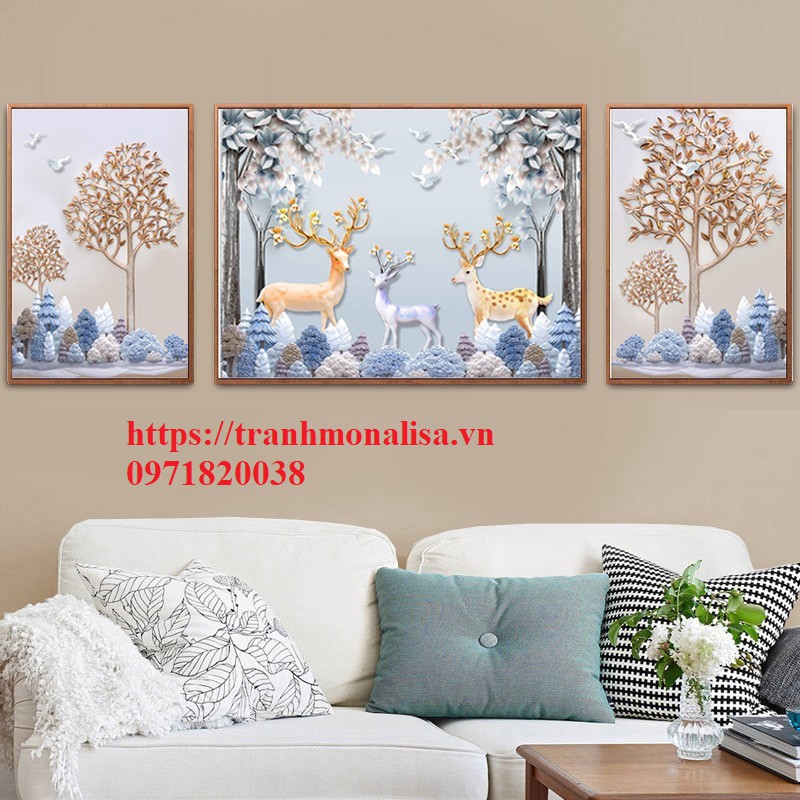 Tranh thêu kín Hươu nai tuần lộc phát tài bộ 3 bức 120x45 cm