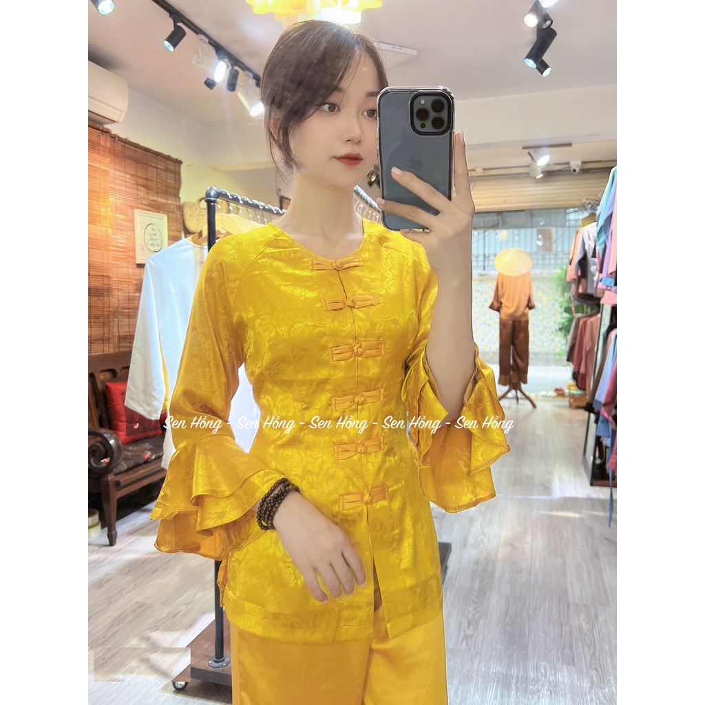 🌸 Bộ Đồ Bà Ba tay loe vải lụa tằm vân hoa hồng - đi chơi đi lễ sang chảnh, set áo bà ba lụa tay xòe rộng Kèm quần lụa t