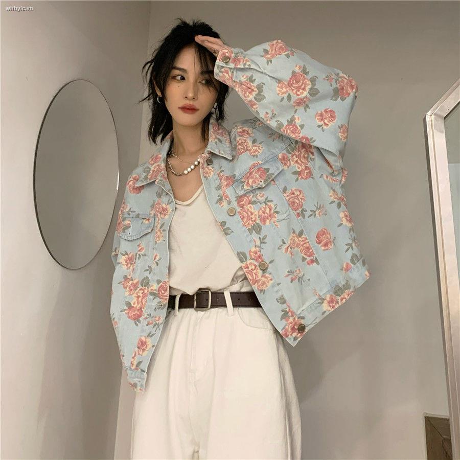 Honypove Áo khoác denim in hình hoa hồng/ Áo không tay phong cách retro thời trang mùa thu mẫu mới 2021