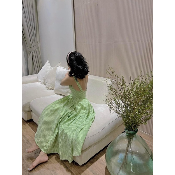 Đầm Caro nhí midi hai dây bảng vuông cổ vuông tùng xoè