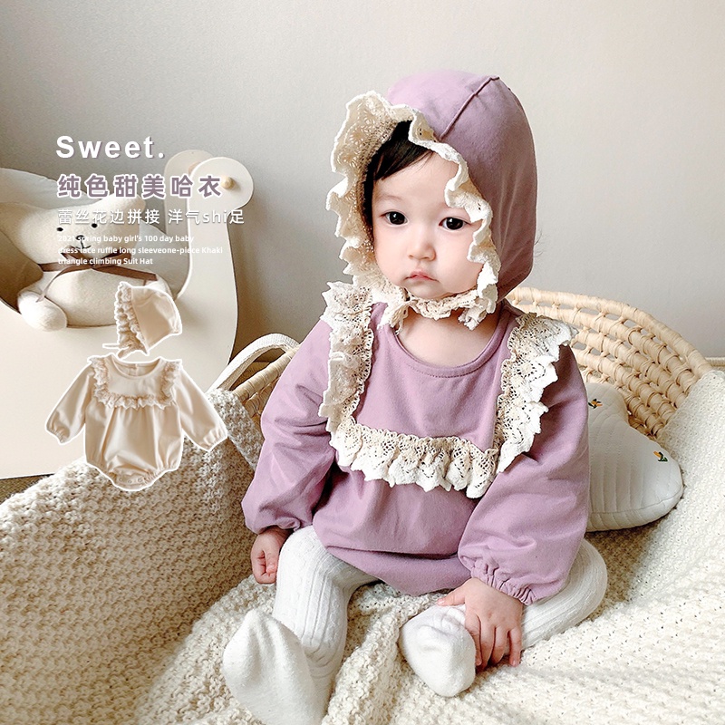 Bộ Áo Liền Quần Tay Dài Cổ Bèo + Mũ Thời Trang Mùa Thu Xinh Xắn Thoải Mái Cho Bé Gái Sơ Sinh