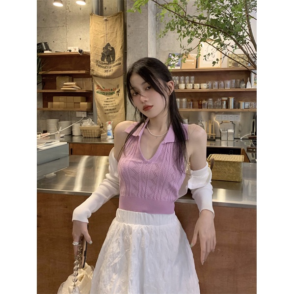Cocory vn Áo croptop dệt kim  màu trơn không tay thời trang gợi cảm cho nữ