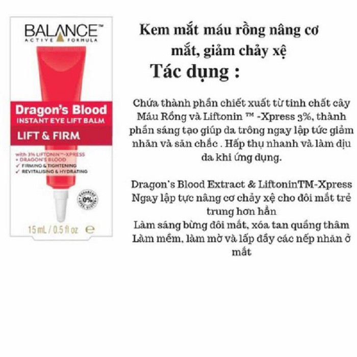 Kem Dưỡng Mắt Balance Dragon's Blood Eye Lift Balm 15ml giúp nâng cơ và làm sáng vùng da mắt